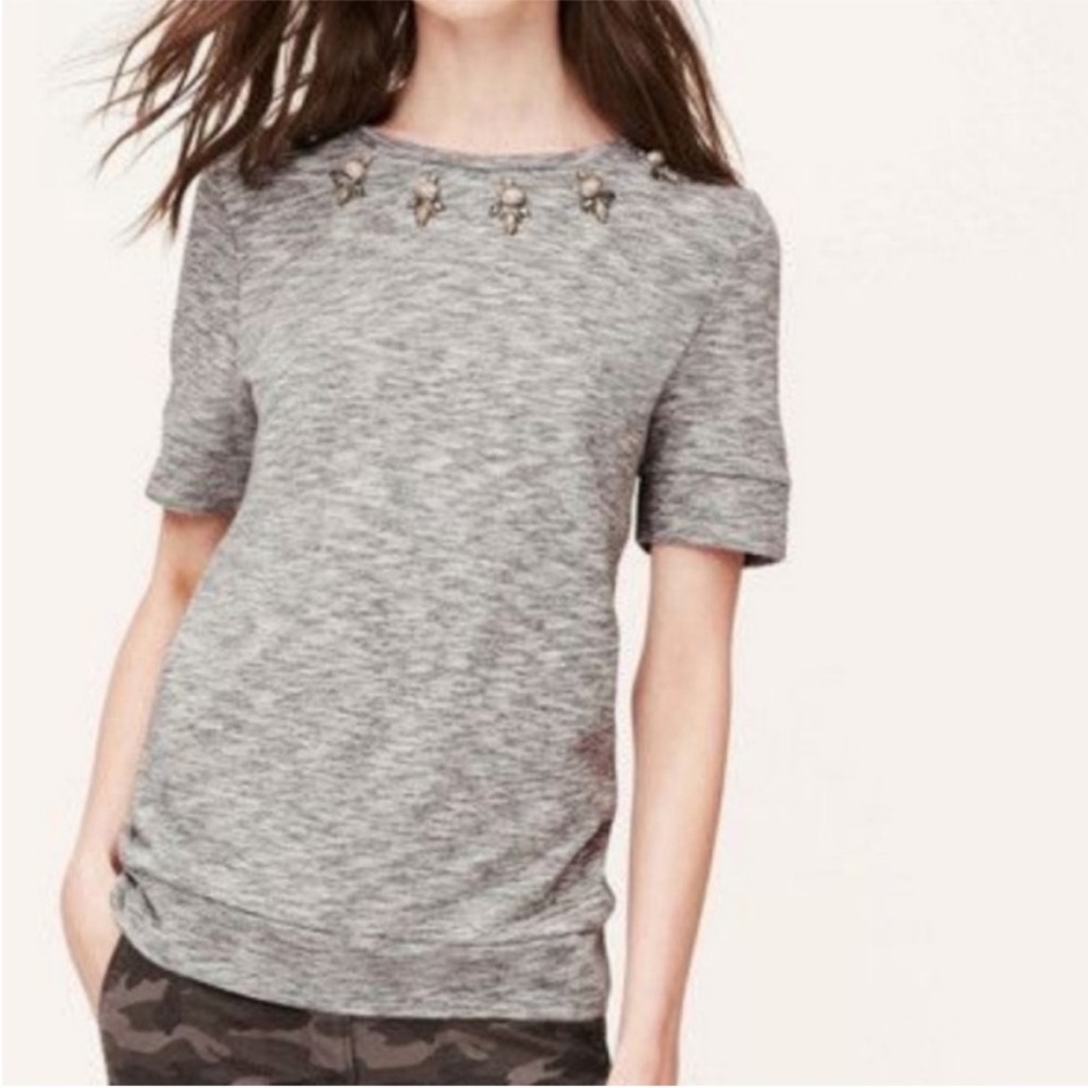 Ann Taylor Loft Heather Grey Embellished Jeweled Neck Top Size Extra Small